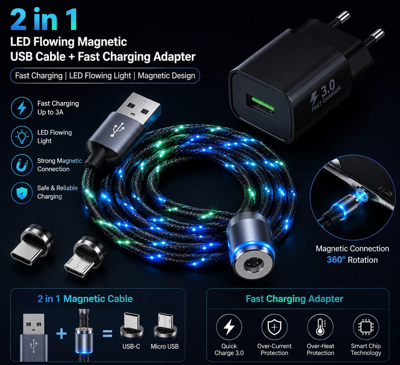2in1 LED Flowing Magnetic USB Cable I Fast Charging Adapter